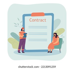 House building or renovation contract between builder and client. Deal agreement and tiny female characters flat vector illustration. Property concept for banner, website design or landing web page