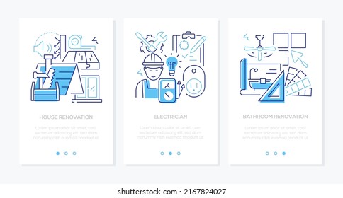 House building and renovation - line design style banners set in blue color with place for text. Repair roof, floor or window, choose interior design, color palette and furniture, electrical wiring