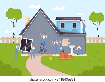 House building repair painting wall home renovate concept. Vector graphic design illustration element