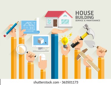 House Building Service And Maintenance. Vector Illustrations.