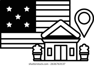 A house and a building are shown next to a flag. The house is a white building with a red roof. The flag is a large American flag with stars