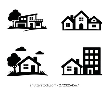 House and Building Silhouette Vector Icon Set  Home, Residential, Real Estate