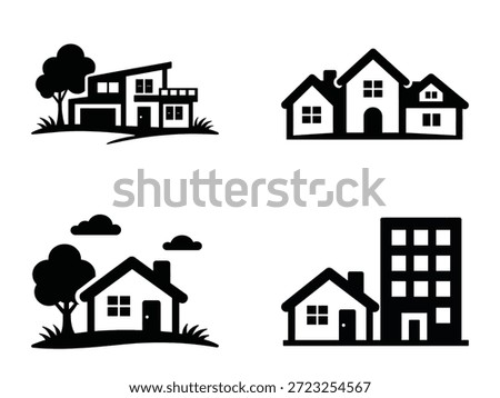 House and Building Silhouette Vector Icon Set  Home, Residential, Real Estate