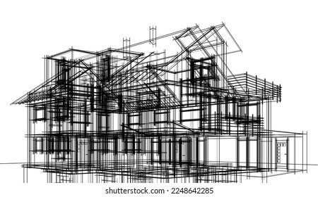 ilustración 3d de la arquitectura del boceto del edificio de la casa