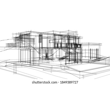 Gebäudeskizzenarchitektur 3D-Illustration