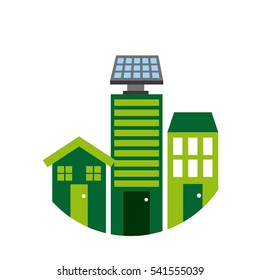 house and building with solar panel on the roof icon over white background. sustainability and think green design. vector illustration