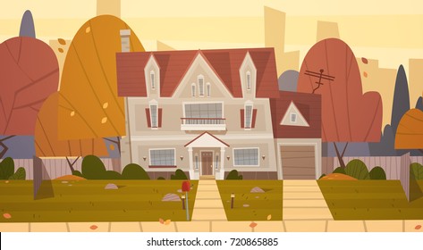 House Building Suburb Of Big City In Autumn, Cottage Real Estate Cute Town Concept Flat Vector Illustration