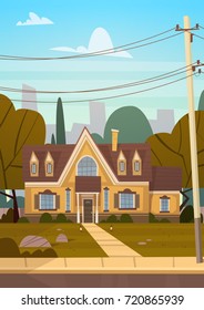 House Building Suburb Of Big City In Summer, Cottage Real Estate Cute Town Concept Flat Vector Illustration