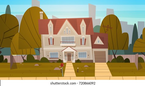 House Building Suburb Of Big City In Summer, Cottage Real Estate Cute Town Concept Flat Vector Illustration