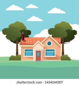 house building with trees over the grass and sky with clouds icon cartoon vector illustration graphic design