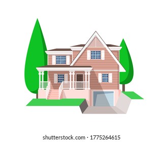 Hausbau, Vektorsymbol. Ferienhaus, Ferienhaus und Villa, Ferienhaus, Bungalow, Stadthaus, Architektur und Immobilien Industrie. Außen des Gebäudes mit Fenstern, Dach, Tür und Bäumen, einzeln.
