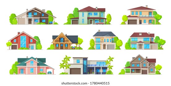 House building vector icons of real estate homes, cottages, villas and bungalows, mansions and townhouses. Residential construction house isolated symbols with front doors, windows, roofs and garages