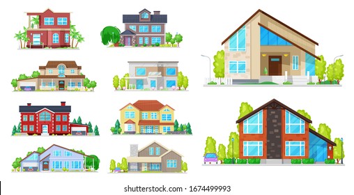 House building vector icons. Village home, cottage and villa, mansion, bungalow and townhouse, architecture and real estate industry. Exterior of buildings with windows, roofs, doors and garages svg