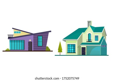 House building vector icons. Village home, cottage and villa,architecture and real estate industry. Exterior of buildings with windows, roofs, doors and garages Vector flat illustration.