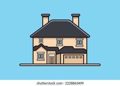 Hausbau, Vektorgrafik. Bauen und Wahrzeichen-Symbol-Konzept. Modernes Stadthaus mit flachem Vektordesign auf blauem Hintergrund. Modernes, kommerziellem Gebäude, Logo-Design des Hauses.