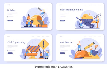 House building web banner or landing page set. Workers constructing home with tools and materials. Process of house building. City development concept. Isolated flat vector illustration