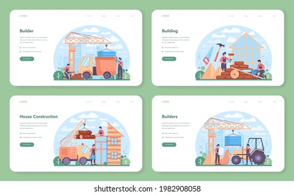 House building web banner or landing page set. Workers constructing home with tools and materials. Process of house building. City development concept. Isolated flat vector illustration