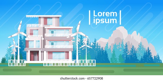 House Building With Wind Turbine Eco Real Estate Energy Efficient Flat Vector Illustration
