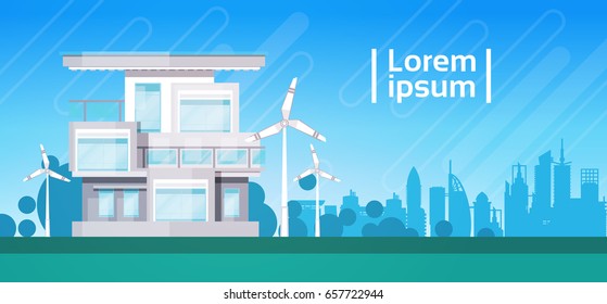House Building With Wind Turbine Eco Real Estate Energy Efficient Flat Vector Illustration