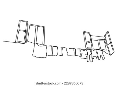 house building windows hanging on rope clean new washed clothes culture city life line art