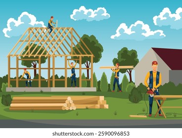 House building with workers team. New construction architecture, engineering on site. Work process with house on construction site. Vector cartoon illustration
