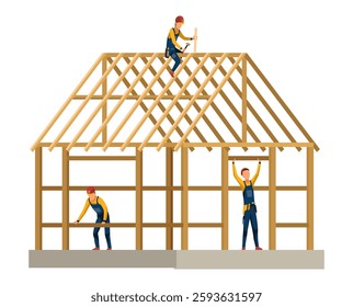 House building with workers team. New construction architecture, engineering on site. Work process with house on construction site. Vector cartoon illustration