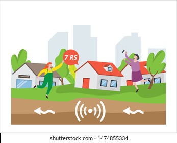 
House and building wreck after an earthquake. Earthquake, danger and safety instruction illustration with tiny people.