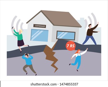 
House and building wreck after an earthquake. Earthquake, danger and safety instruction illustration with tiny people.