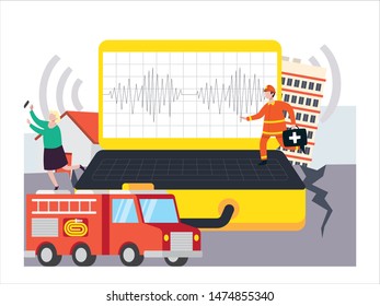 
House and building wreck after an earthquake. Earthquake, danger and safety instruction illustration with tiny people.