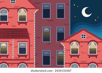 House buildings and apartments at night of crescent moon. Old traditional architecture exterior of a flat, lodge, hotel made of red brick and multiple windows. Cityscape vector illustration