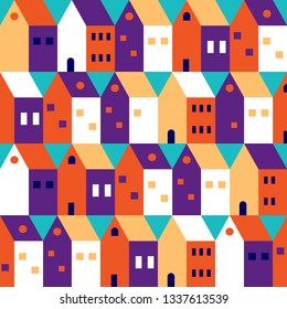 House Buildings, Home Seamless Background Colorful Pattern. Colorful Wrapping Paper, Postcard, Banner Design Template. Vector Illustration.