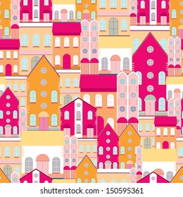 House buildings, home seamless background pattern. Colorful wrapping paper, postcard, banner design template. Vector illustration.