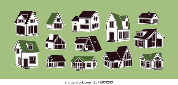 House buildings set. Home facades, modern architecture. Residential living construction exteriors. Real estate, property with gabled roofs, attic, large windows. Isolated flat vector illustrations