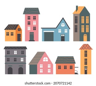 House buildings simple style isolated flat cartoon vector set