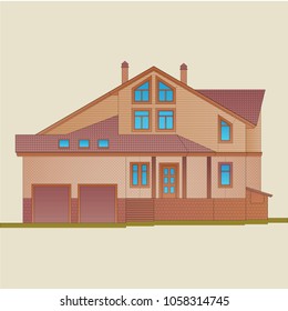The house is built of light brick and natural wood. American style architecture of a residential building.