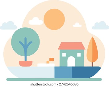 A house built on a boat with trees and a large sun in the background. A serene, imaginative scene with a warm, inviting atmosphere.