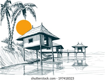 House built on water or water bungalows sketch