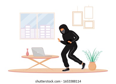 House burglary flat color vector faceless character. Robber stealing laptop from apartment. Property theft. Illegal entry. Home-breaking. Isolated cartoon illustration