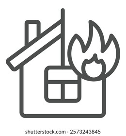 House burned in flames line icon, insurance event concept. Vector graphics. Cottage building burnt with fire sign on white background, outline style icon for mobile or web design