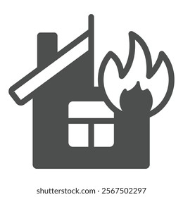 House burned in flames solid icon, insurance event concept. Vector graphics. Cottage building burnt with fire sign on white background, glyph style icon for mobile or web design