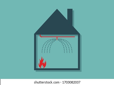 House burning with activated water sprinkler system, minimalist vector illustration symbol