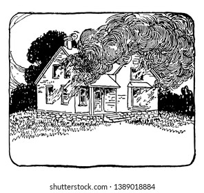 A house is burning, vintage line drawing or engraving illustration.