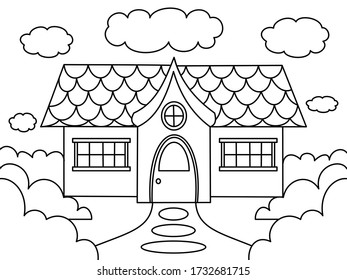  house with bushes and cloud. Vector illustration for coloring book.