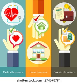 House , business, medical and health insurance concept in flat style on banners with text and buttons. Can be used for web banners, marketing and promotional materials, presentation templates 