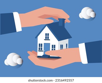 House in businessman palm with other hand cover to protect as insurance coverage. House insurance, real estate or property protection, home security concept. 