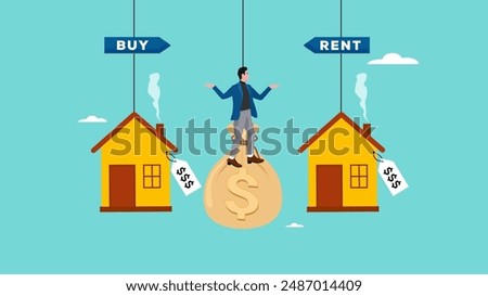 house buy or rent, choice between buying and renting concept, confused businessman choosing to rent a house or buy it