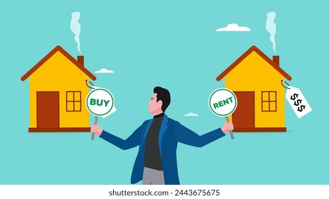 house buy or rent concept with businessmen carrying signs with the words buy or rent, buying house, rent apartment, vector illustration with flat design style