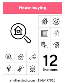 House buying line icon set. Set of line icons on white background. Building, house, home, key. Mortgage concept. Vector illustration can be used for topics like social, real estate