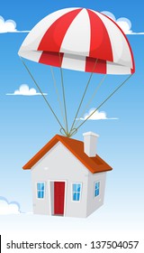 House By Airmail Shipping Delivery/ Illustration of a cartoon small house delivery by parachute air shipping, with cloudscape and blue sky background