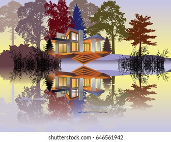House by the lake in the dunes in vector